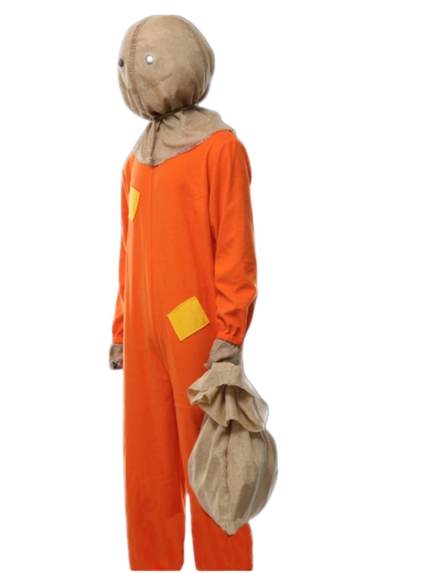 Seitliche Ansicht des Halloween-Kostüms mit Sackmaske und Beutel