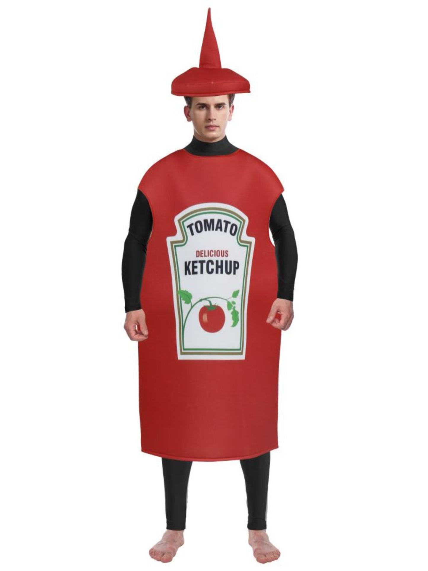 Ketchup-Kostüm mit typischem Etikett und Flaschenverschluss auf dem Kopf