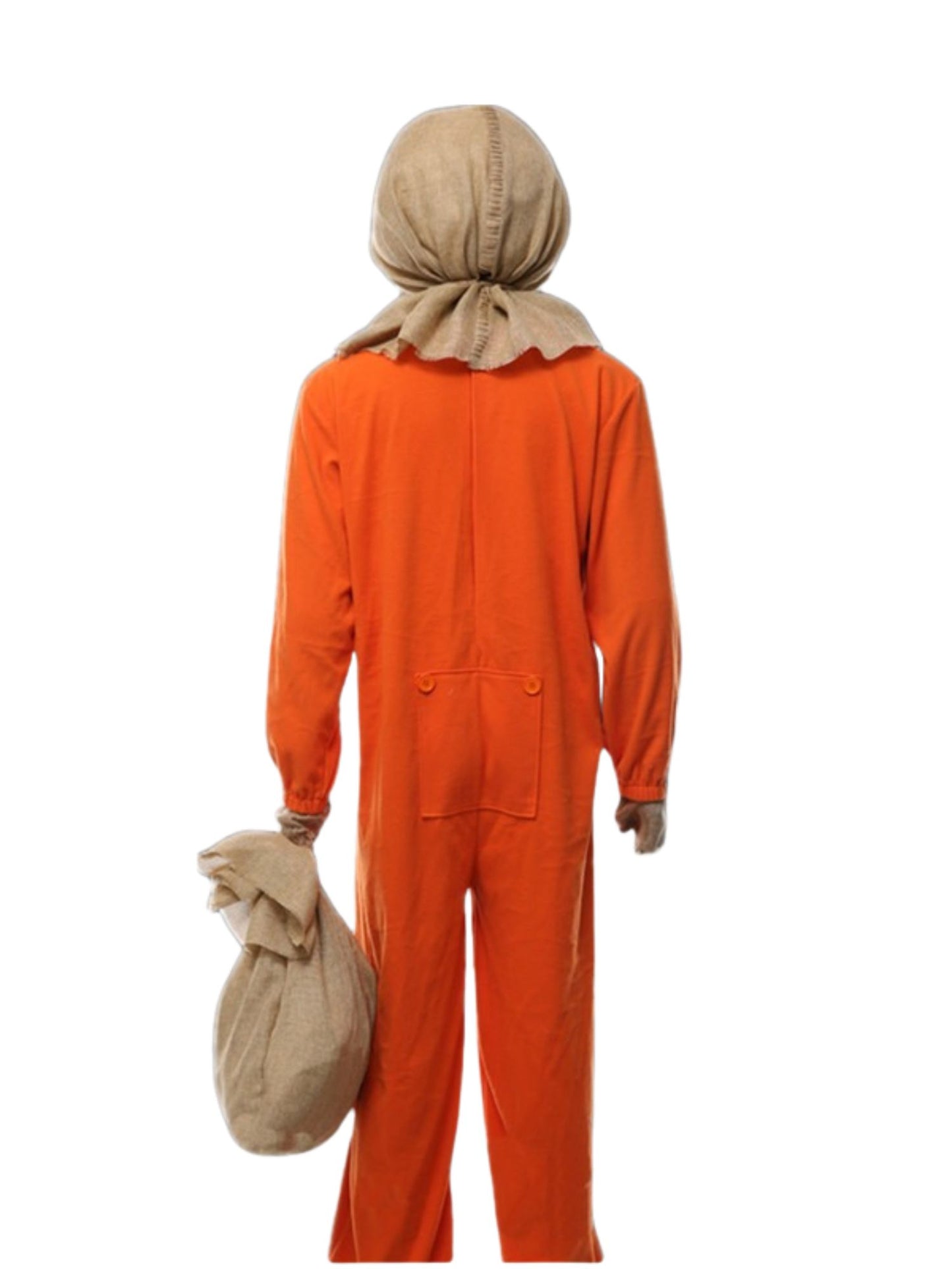 Rückansicht des Kostüms mit orangefarbener Kleidung und brauner Maske