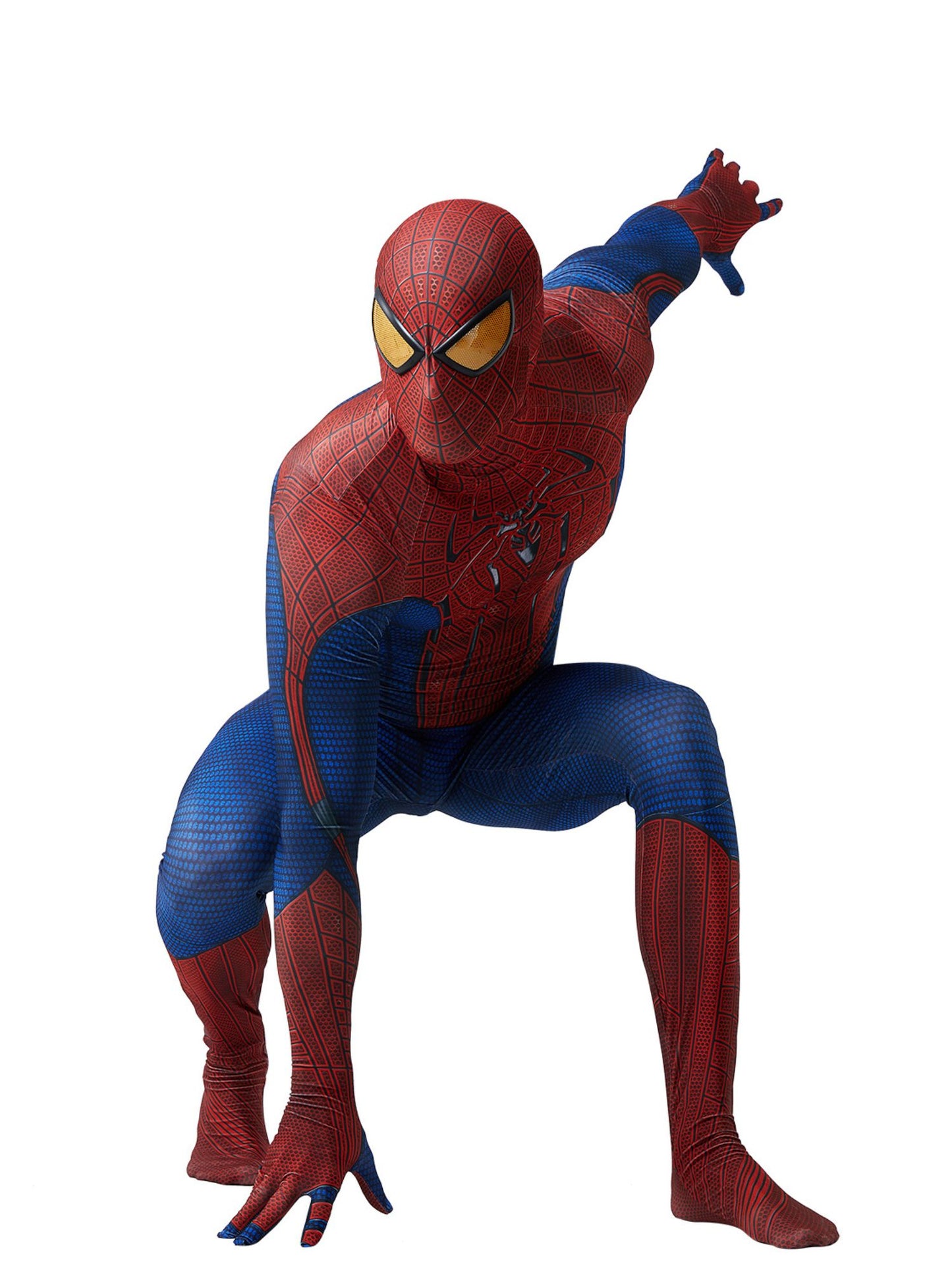 Spider-Man kniet und zeigt mit der Hand nach vorne