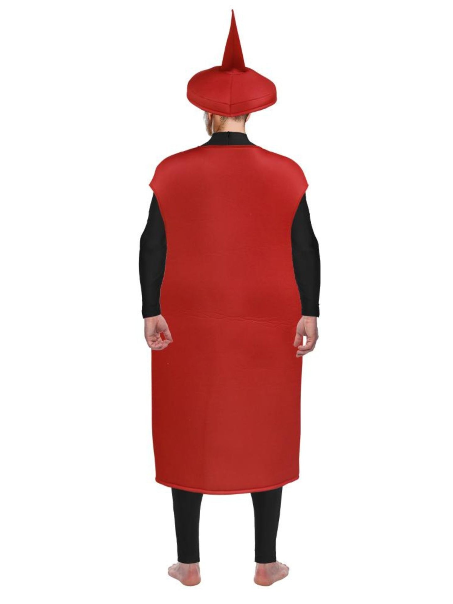 Rückansicht des Ketchup-Kostüms mit rotem Flaschendesign