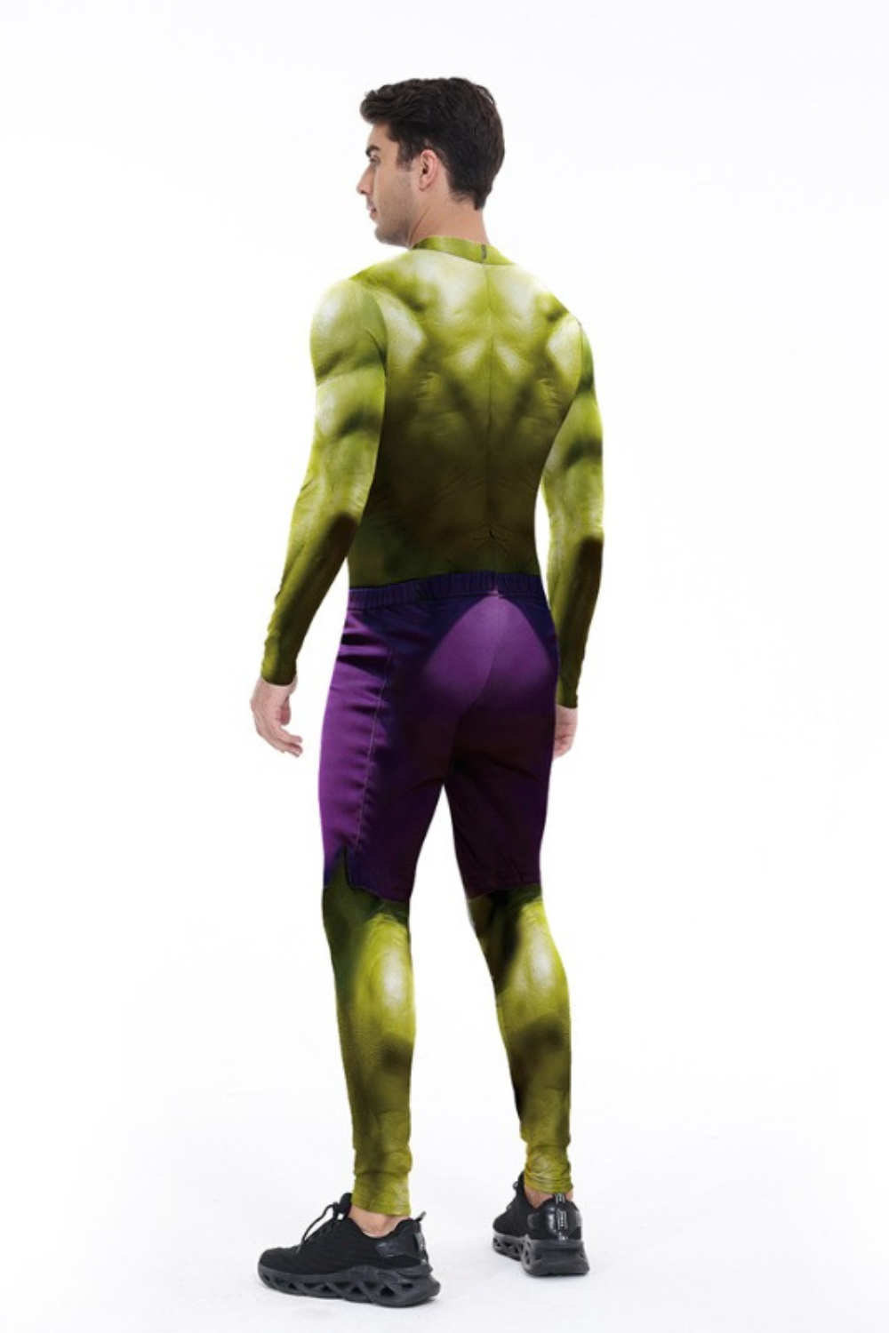 Monster-Bodysuit in Grün und Violett mit Langarm-Design, Muskelprint und optionaler Maske