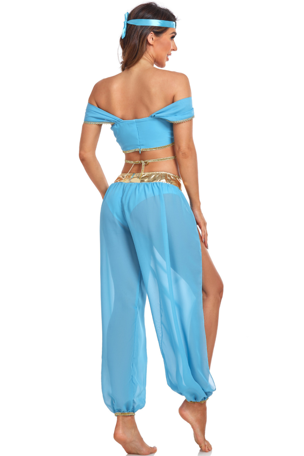 Damen Orient-Prinzessinnenkostüm in Hellblau mit schulterfreiem Crop-Top, Haremshose, goldfarbenen Details und Stirnband
