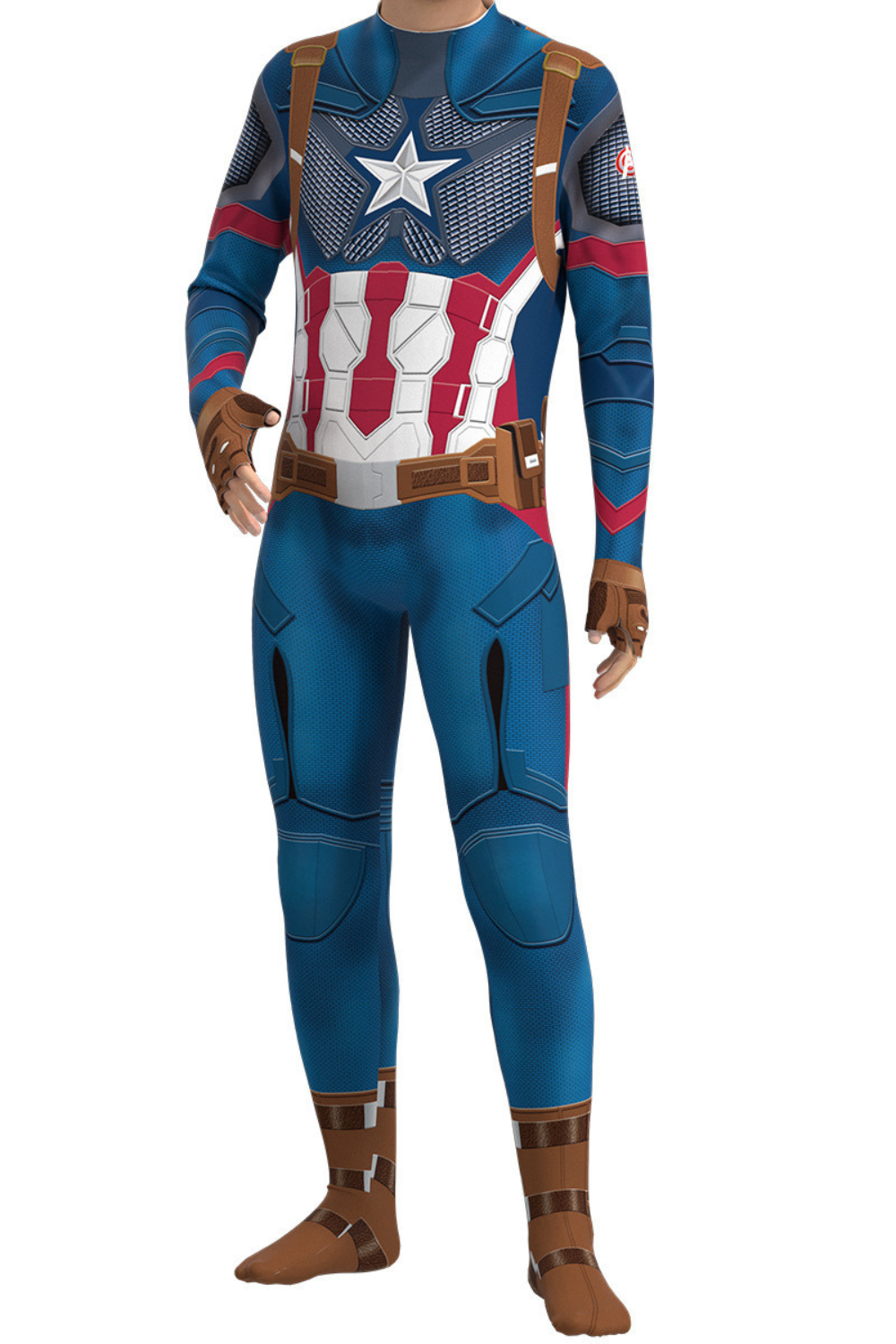 Herren Superhelden-Bodysuit in Blau mit Sternenmotiv, Langarm-Design und bedruckten Rüstungsdetails vorne und hinten