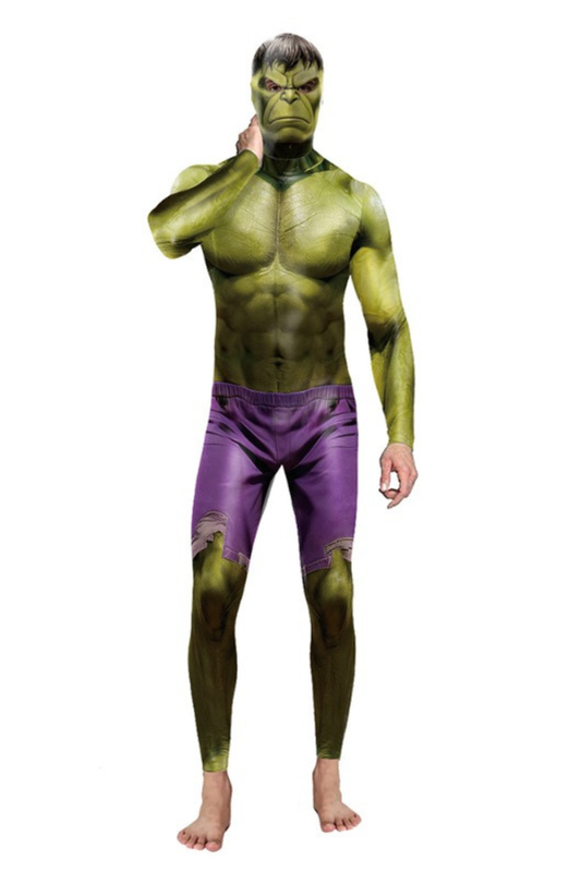 Monster-Bodysuit in Grün und Violett mit Langarm-Design, Muskelprint und optionaler Maske