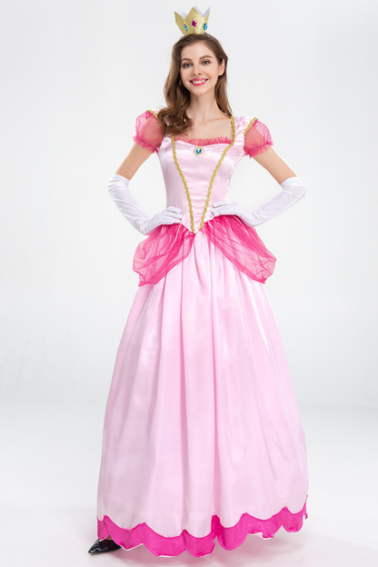 Damen Prinzessinnen-Kleid in Rosa mit Puffärmeln, Krone, weißen Handschuhen, transparenten Details und langem Rock