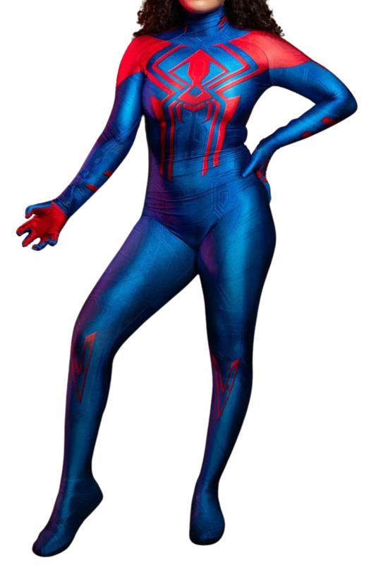 Damen Spinnenheldin-Bodysuit in Blau und Rot mit Langarm-Design, Netzmotiv und körpernaher Passform
