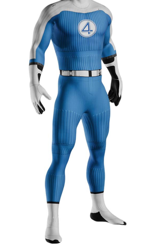 Herren Superhelden-Bodysuit in Blau und Weiß mit Langarm-Design, Nummernprint auf der Brust und bedrucktem Gürtel