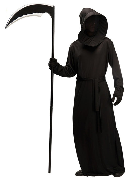 Person in schwarzer Kapuzenrobe mit großer Sense in der Hand