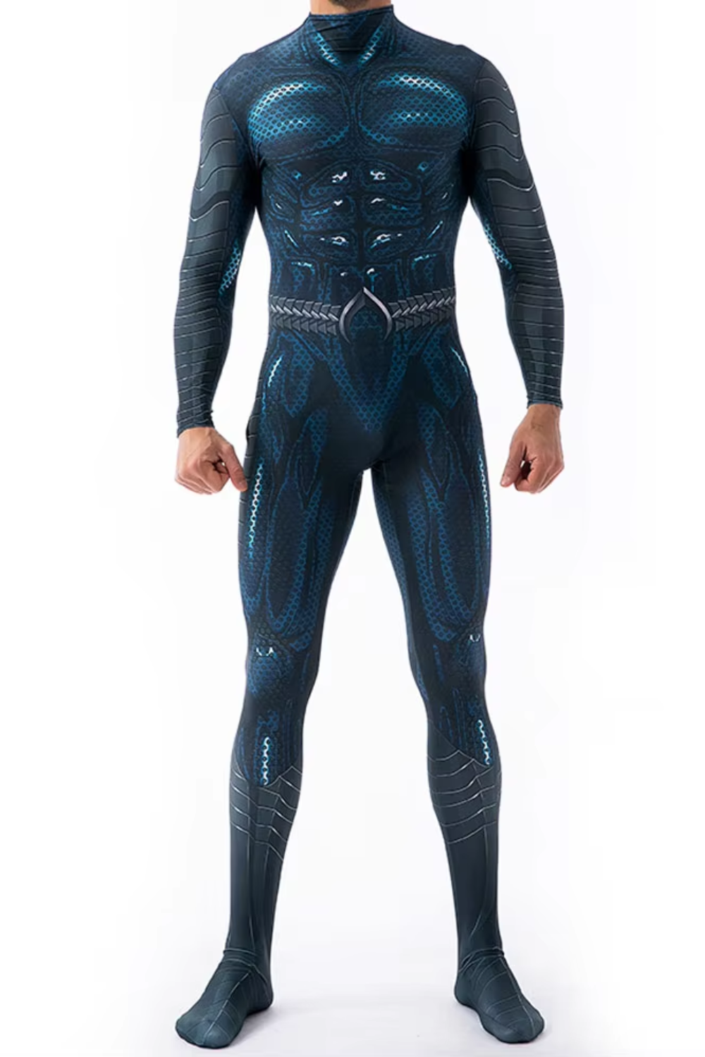 Herren Superhelden-Bodysuit in Schwarz und Dunkelblau mit Langarm-Design und detailreichem Rüstungsprint