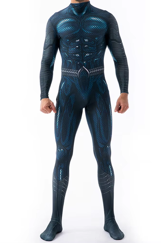 Herren Superhelden-Bodysuit in Schwarz und Dunkelblau mit Langarm-Design und detailreichem Rüstungsprint