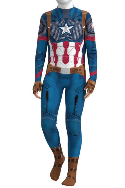 Herren Superhelden-Bodysuit in Blau mit Sternenmotiv, Langarm-Design und bedruckten Rüstungsdetails vorne und hinten