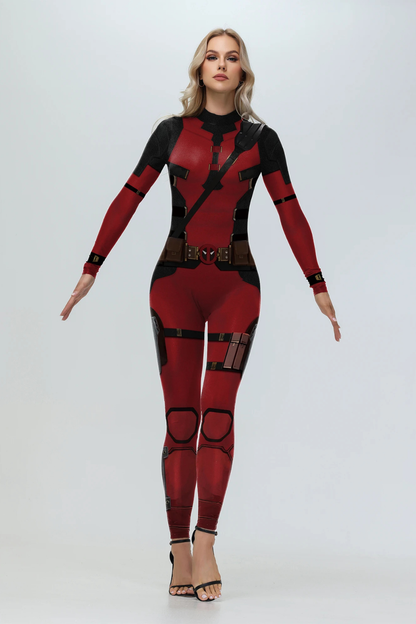 Damen Antiheldin-Bodysuit in Rot und Schwarz mit Langarm-Design, Gürtelprint, Riemendetails und körpernaher Passform