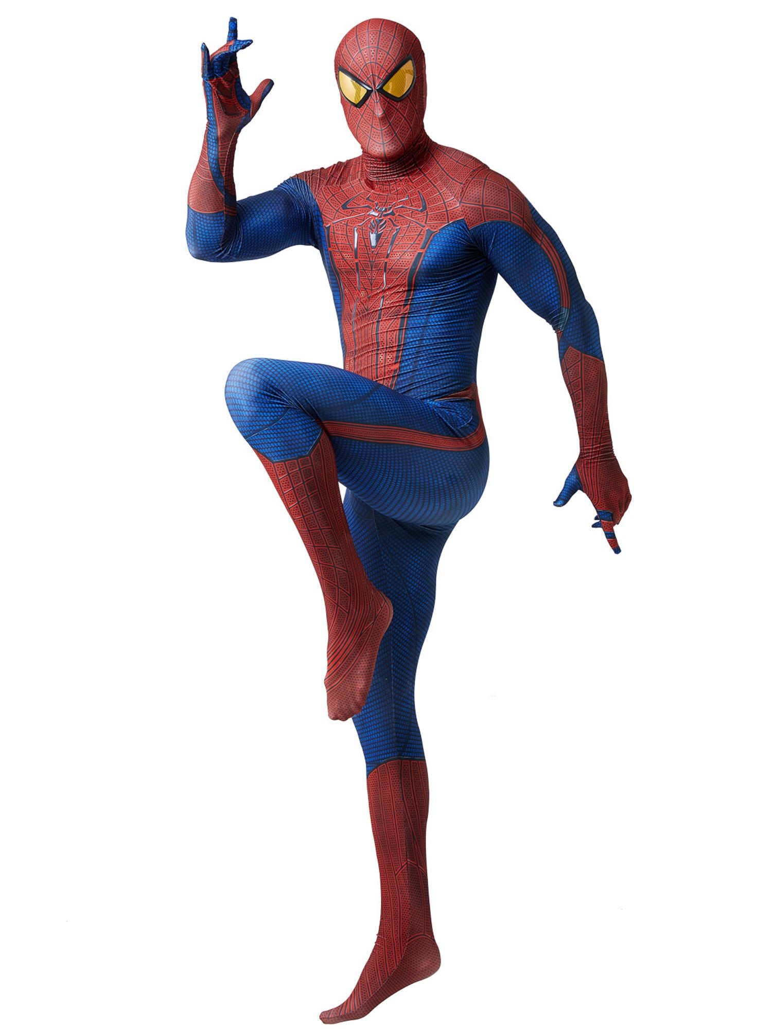 Spider-Man hebt ein Bein und zeigt mit der Hand nach oben