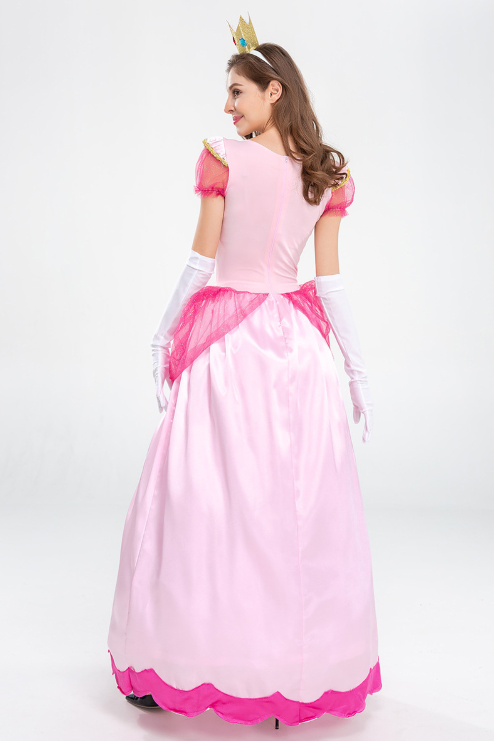 Damen Prinzessinnen-Kleid in Rosa mit Puffärmeln, Krone, weißen Handschuhen, transparenten Details und langem Rock