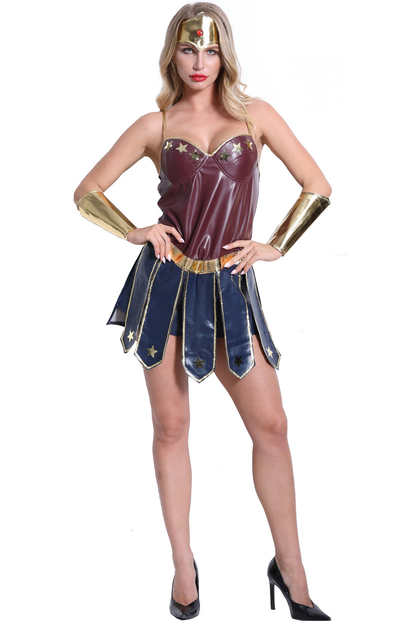 Damen Superheldinnen-Kostüm in Burgunderrot, Dunkelblau und Gold mit kurzem Rock, Sternmotiven, Armstulpen und Stirnband