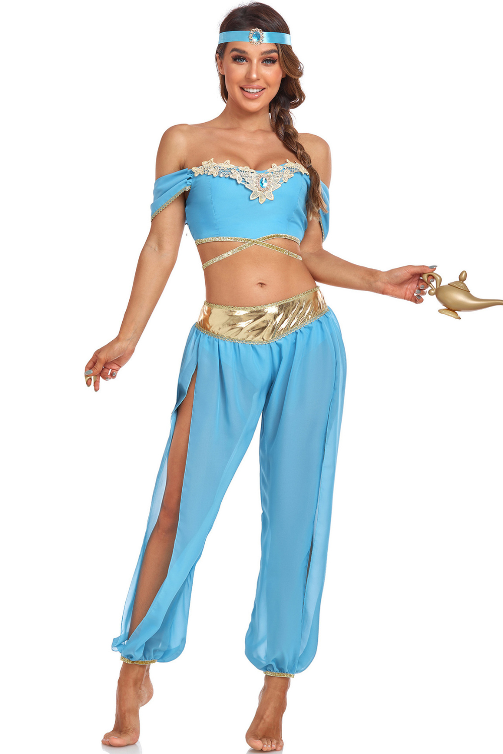 Damen Orient-Prinzessinnenkostüm in Hellblau mit schulterfreiem Crop-Top, Haremshose, goldfarbenen Details und Stirnband