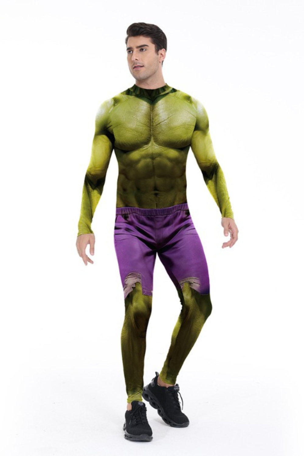 Monster-Bodysuit in Grün und Violett mit Langarm-Design, Muskelprint und optionaler Maske
