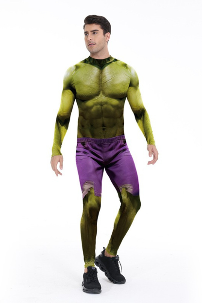 Monster-Bodysuit in Grün und Violett mit Langarm-Design, Muskelprint und optionaler Maske