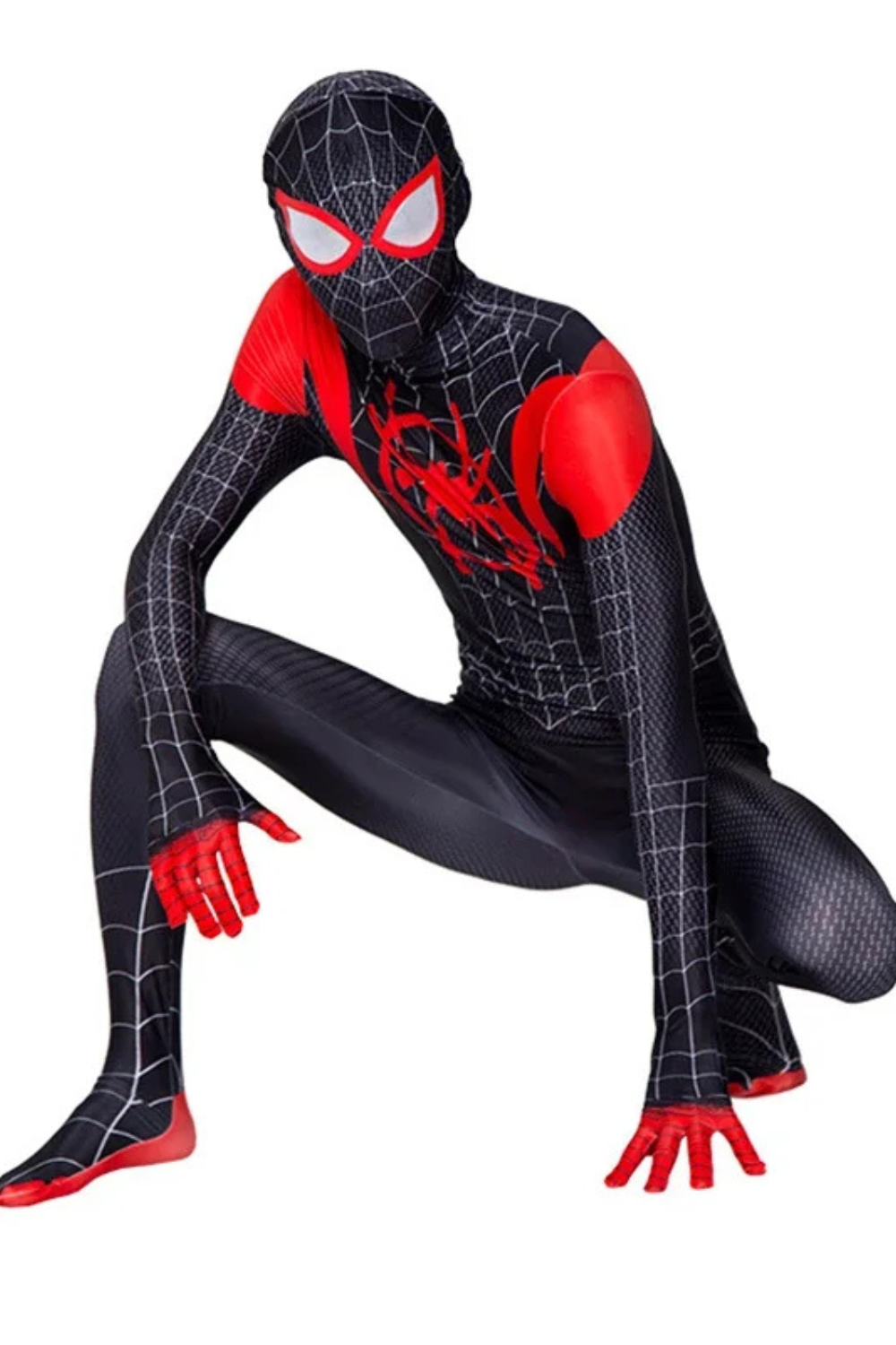 Herren Spinnenheld-Bodysuit in Schwarz und Rot mit Maske, Langarm-Design und detailreichem Netzprint