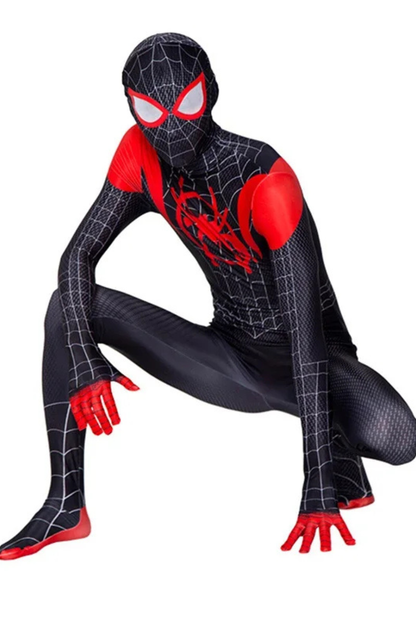 Herren Spinnenheld-Bodysuit in Schwarz und Rot mit Maske, Langarm-Design und detailreichem Netzprint