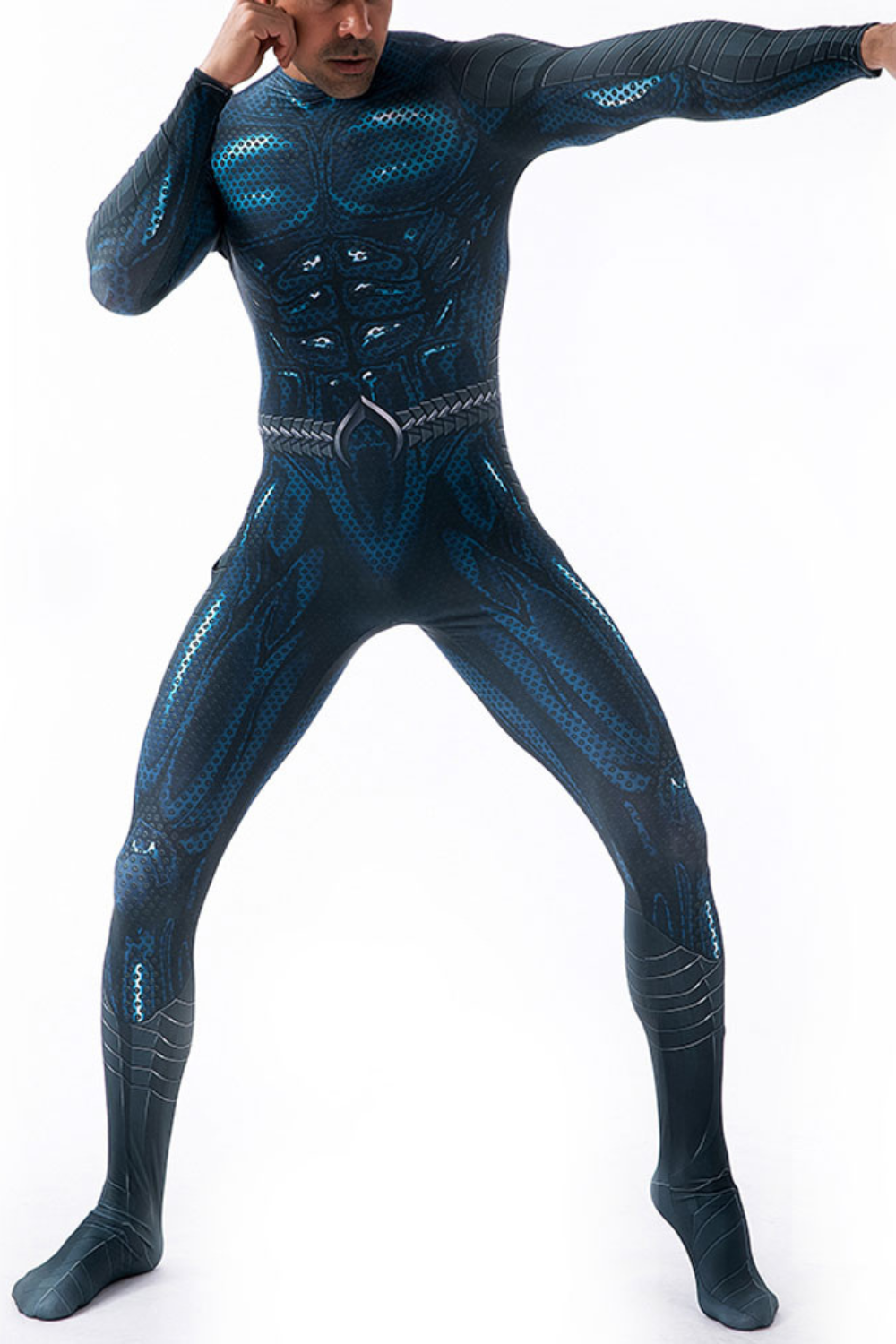 Herren Superhelden-Bodysuit in Schwarz und Dunkelblau mit Langarm-Design und detailreichem Rüstungsprint