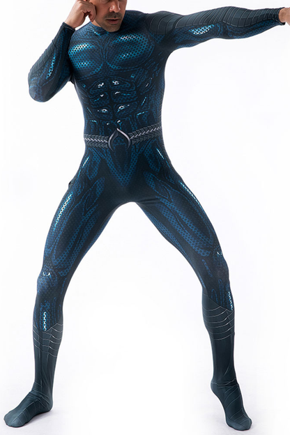 Herren Superhelden-Bodysuit in Schwarz und Dunkelblau mit Langarm-Design und detailreichem Rüstungsprint
