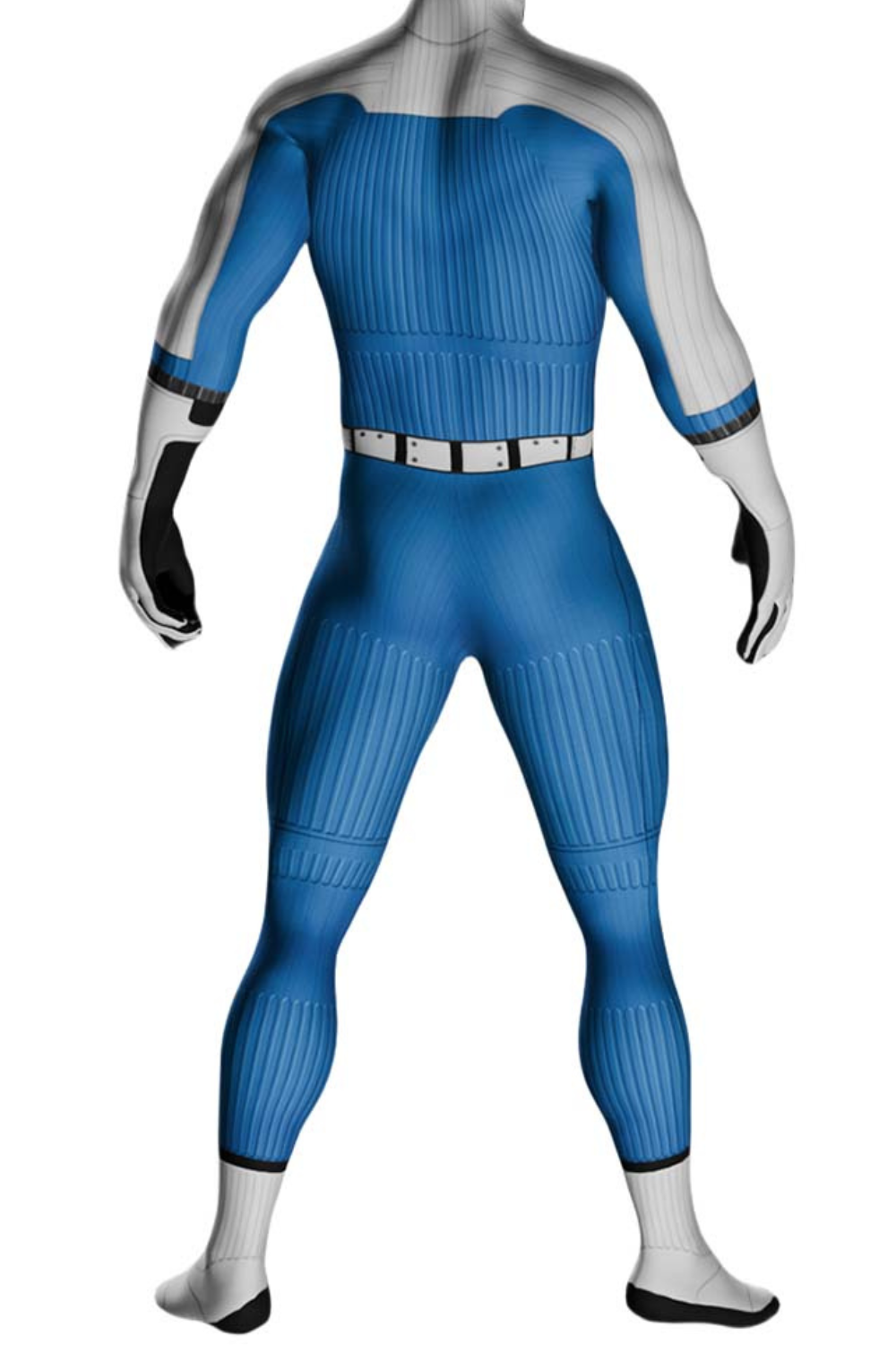 Herren Superhelden-Bodysuit in Blau und Weiß mit Langarm-Design, Nummernprint auf der Brust und bedrucktem Gürtel