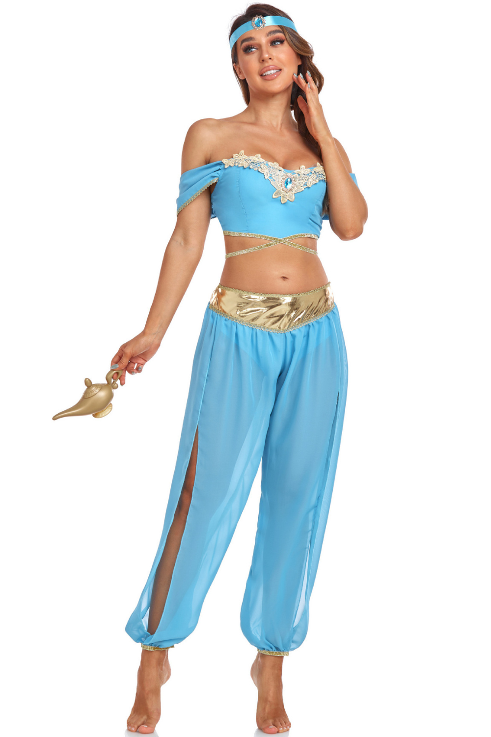 Damen Orient-Prinzessinnenkostüm in Hellblau mit schulterfreiem Crop-Top, Haremshose, goldfarbenen Details und Stirnband