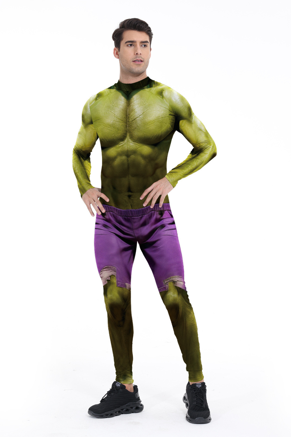 Monster-Bodysuit in Grün und Violett mit Langarm-Design, Muskelprint und optionaler Maske
