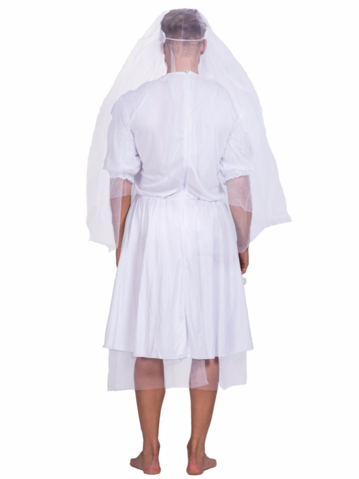 Frontalansicht des Kostüms: Mann in knielangem weißen Kleid mit Schleier