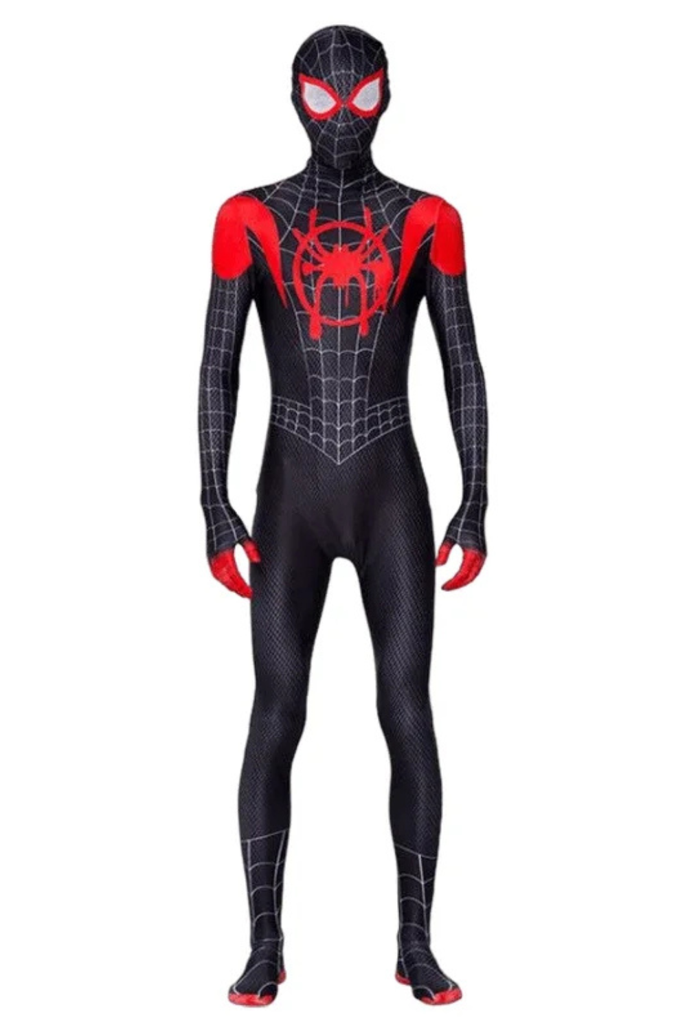 Herren Spinnenheld-Bodysuit in Schwarz und Rot mit Maske, Langarm-Design und detailreichem Netzprint