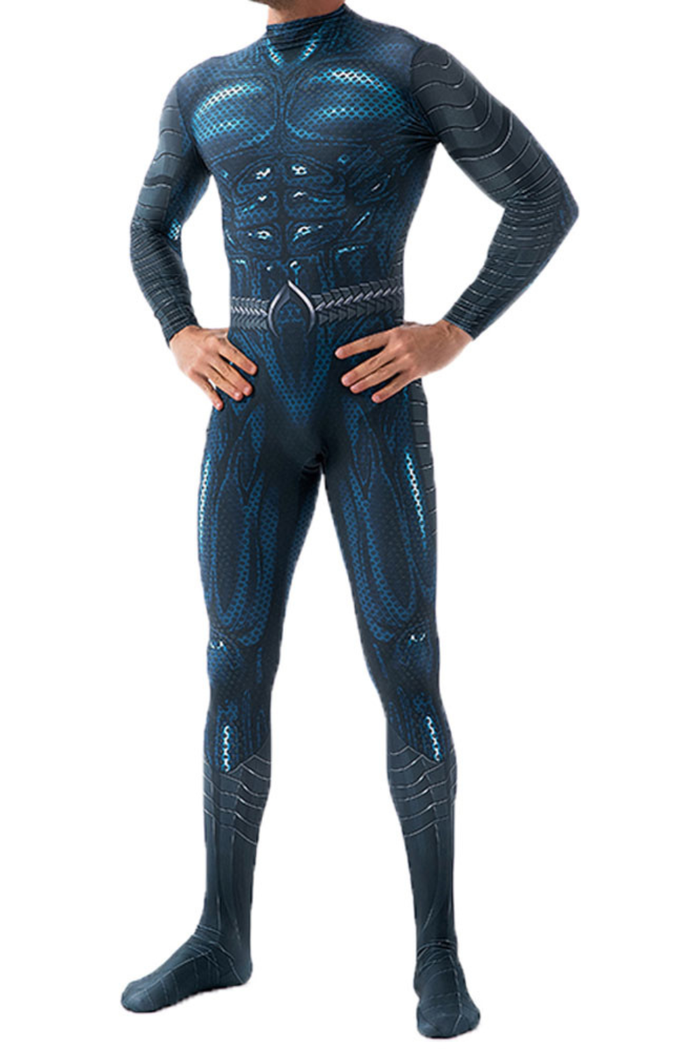 Herren Superhelden-Bodysuit in Schwarz und Dunkelblau mit Langarm-Design und detailreichem Rüstungsprint
