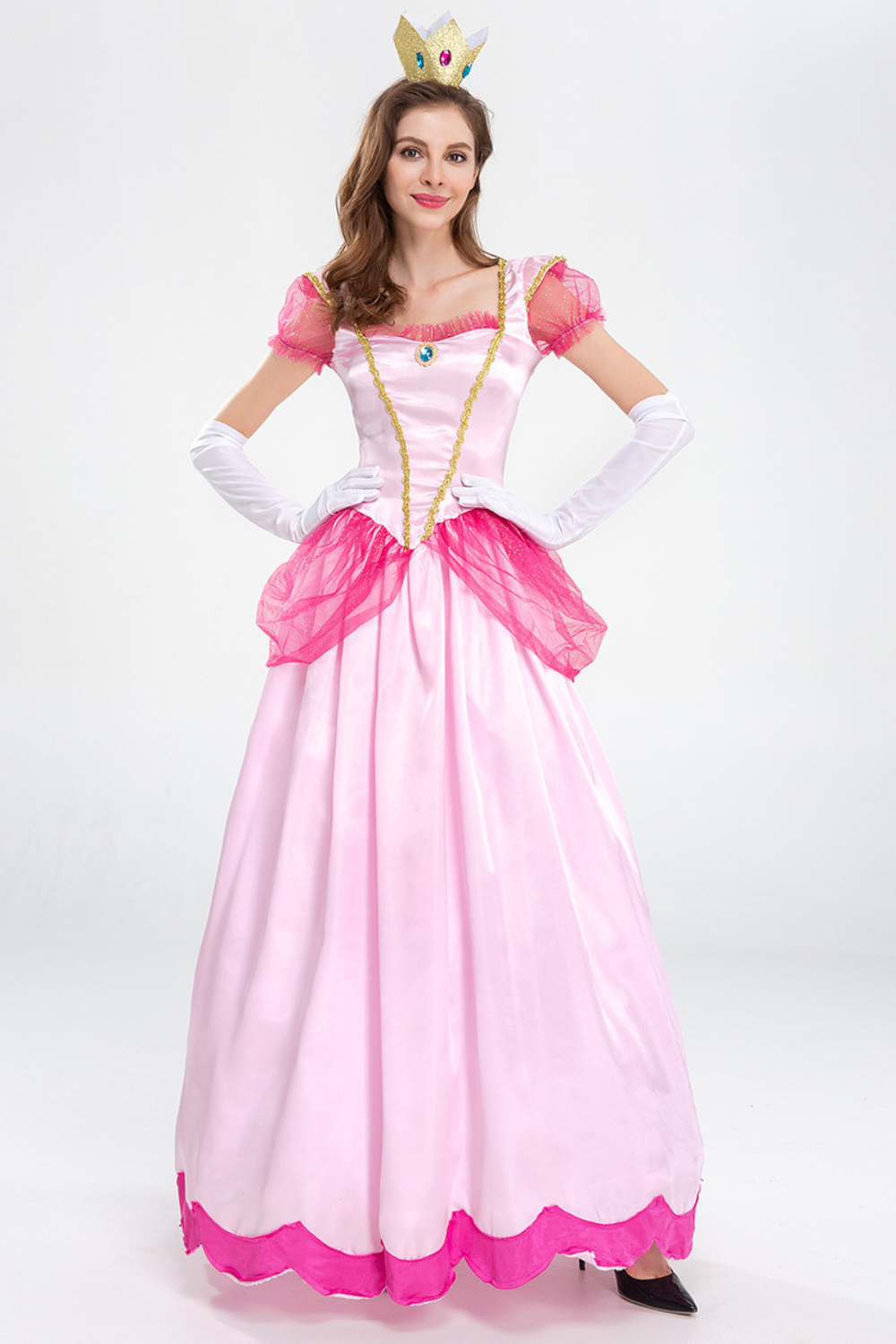 Damen Prinzessinnen-Kleid in Rosa mit Puffärmeln, Krone, weißen Handschuhen, transparenten Details und langem Rock
