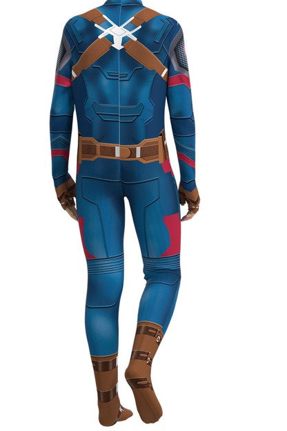 Herren Superhelden-Bodysuit in Blau mit Sternenmotiv, Langarm-Design und bedruckten Rüstungsdetails vorne und hinten