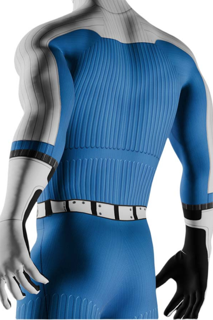 Herren Superhelden-Bodysuit in Blau und Weiß mit Langarm-Design, Nummernprint auf der Brust und bedrucktem Gürtel