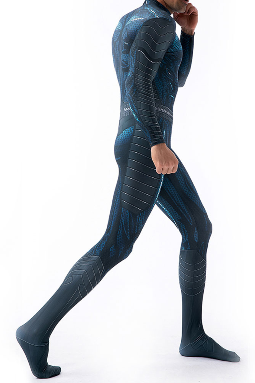 Herren Superhelden-Bodysuit in Schwarz und Dunkelblau mit Langarm-Design und detailreichem Rüstungsprint