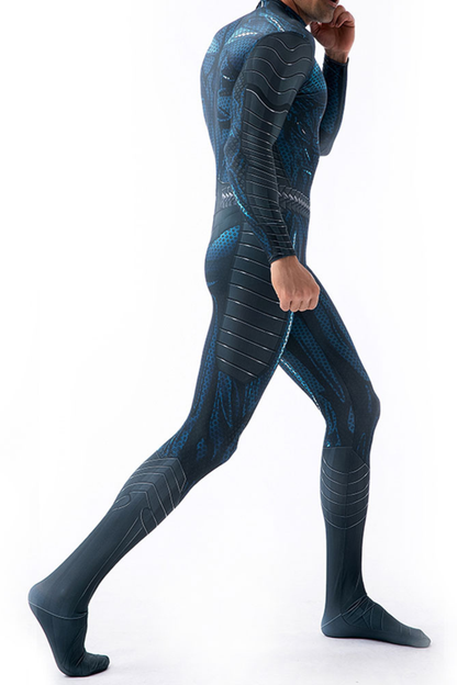 Herren Superhelden-Bodysuit in Schwarz und Dunkelblau mit Langarm-Design und detailreichem Rüstungsprint