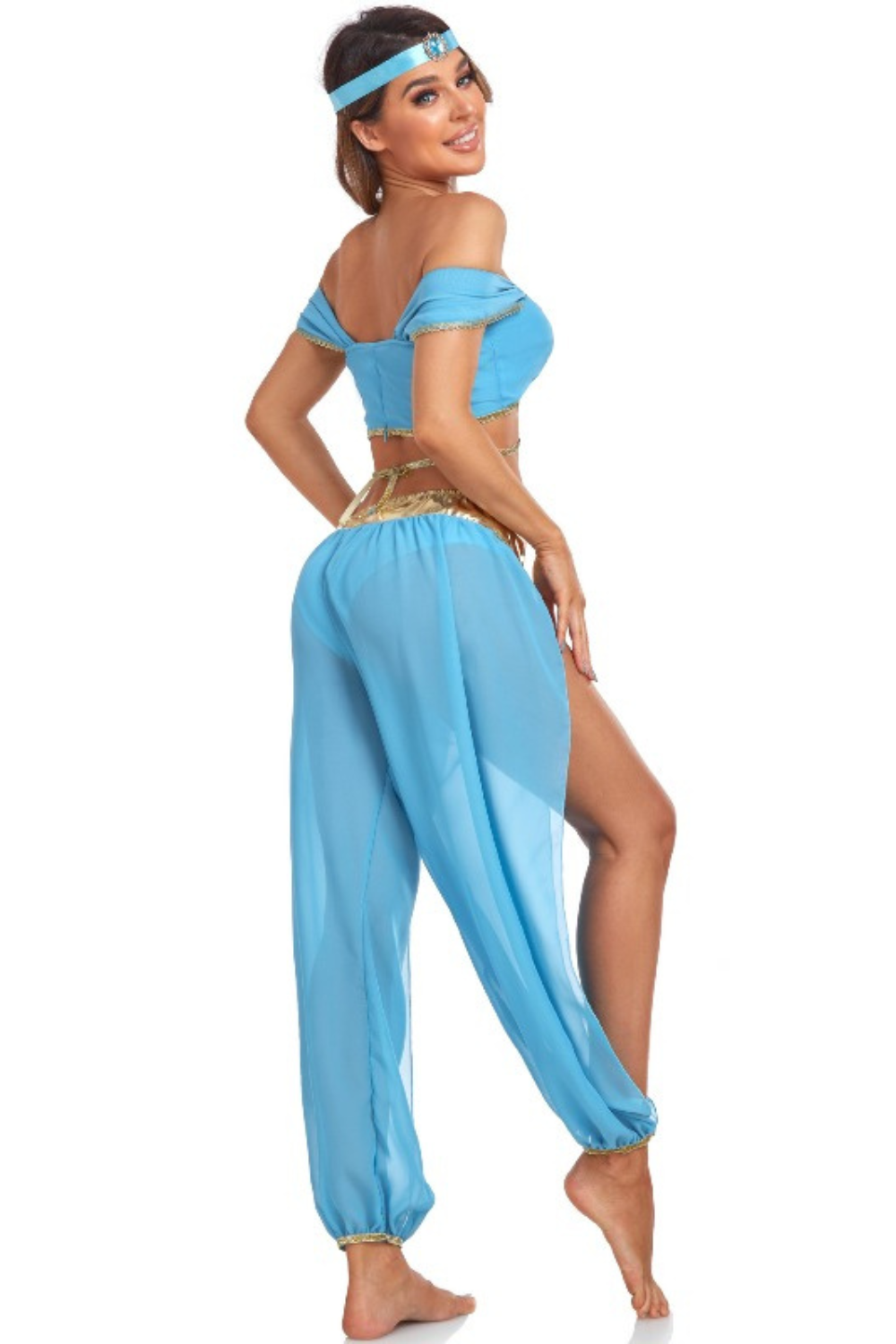 Damen Orient-Prinzessinnenkostüm in Hellblau mit schulterfreiem Crop-Top, Haremshose, goldfarbenen Details und Stirnband