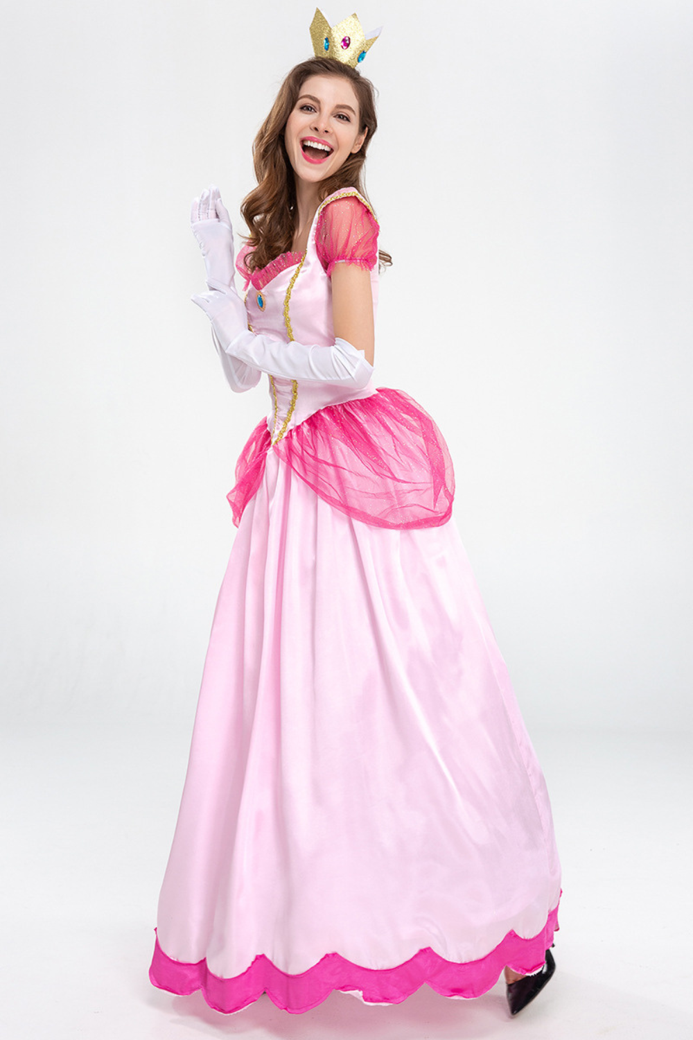 Damen Prinzessinnen-Kleid in Rosa mit Puffärmeln, Krone, weißen Handschuhen, transparenten Details und langem Rock